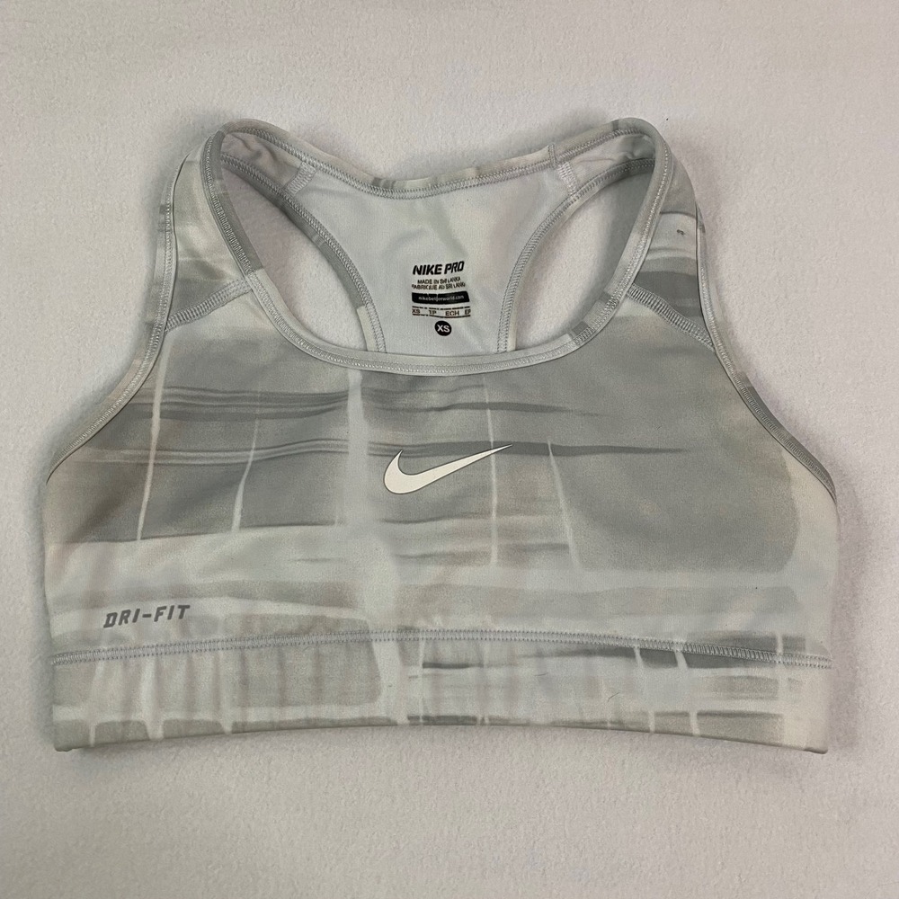 Nike Pro DRI-FIT Sports Bra Racerback Athletic Top Gray‎ White Comfort XS EUC